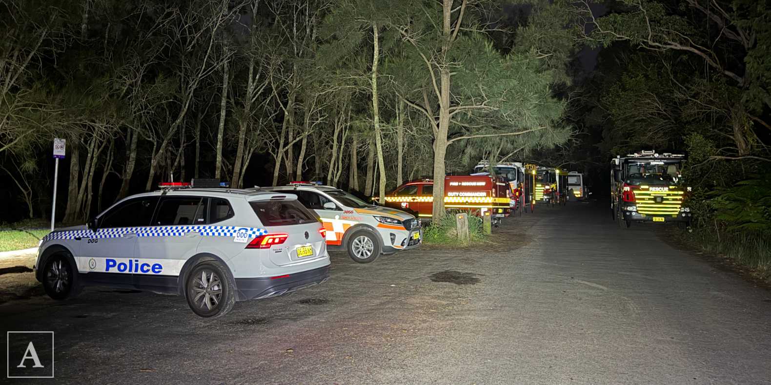 Emergency services staged for a bush rescue at Narrabeen Lagoon Emergency services staged for a bush rescue at Narrabeen Lagoon