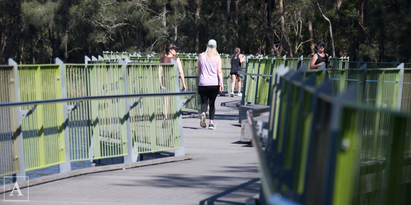 Women on the exercise and walking trail around Narrabeen Lagoon Women on the exercise and walking trail around Narrabeen Lagoon
